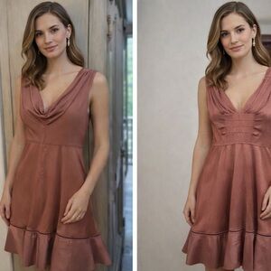 Zac Posen Dusky Rose Pink V-Neck Midi Dress with Flared Hem